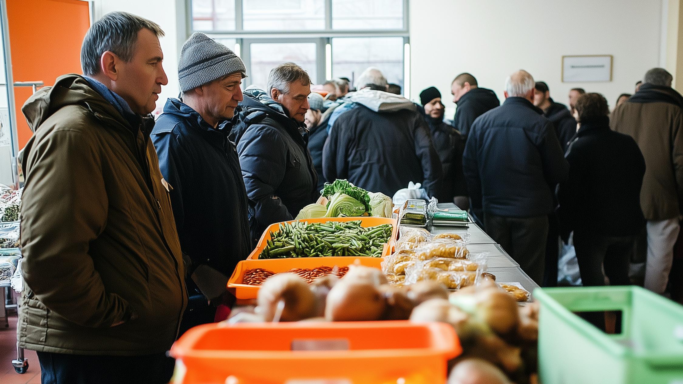 Bedürftige Menschen warten in reude vor einer Lebensmittelausgabe. Auf der Theke liegt frisches Gemüse.