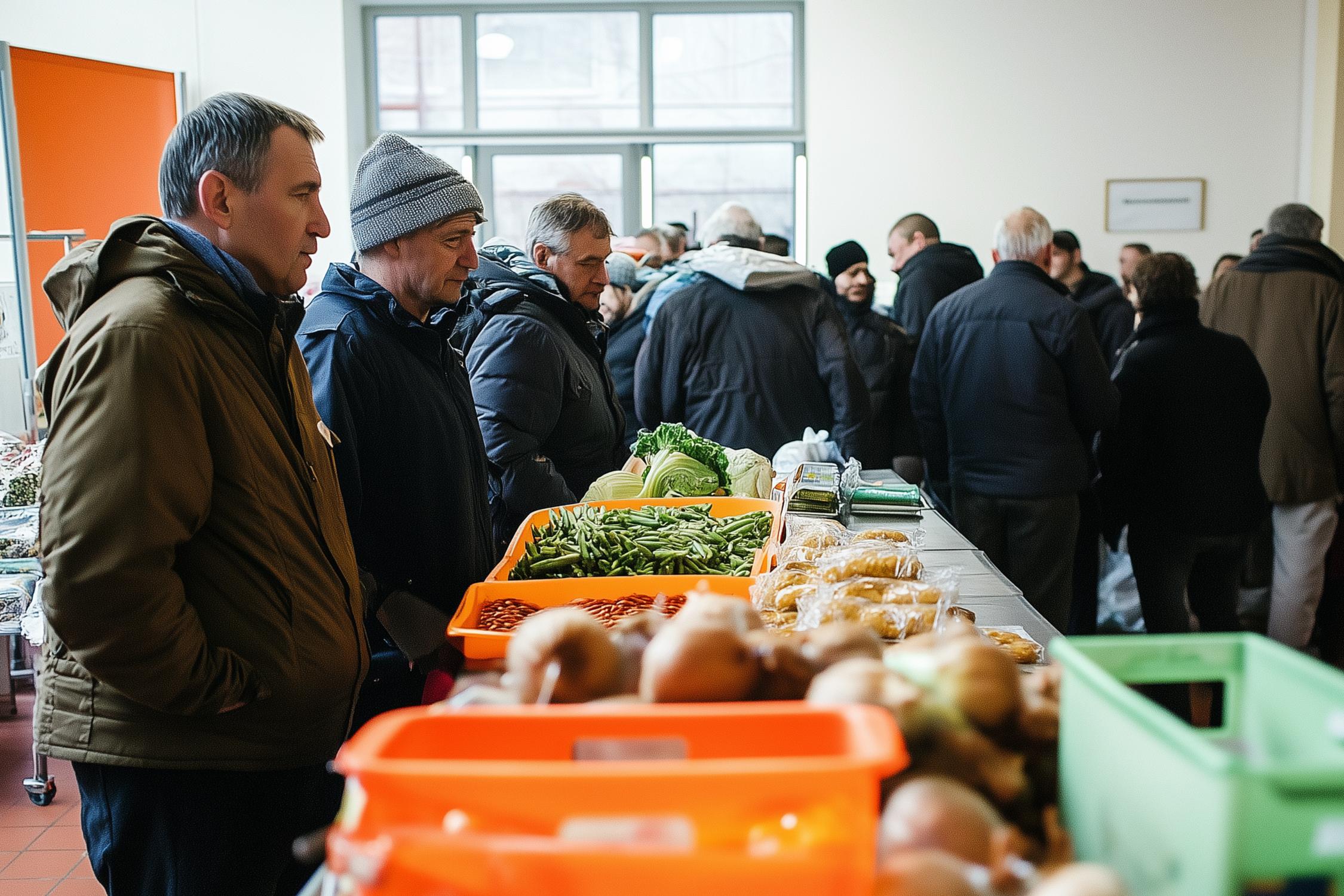 Bedürftige Menschen warten in reude vor einer Lebensmittelausgabe. Auf der Theke liegt frisches Gemüse.