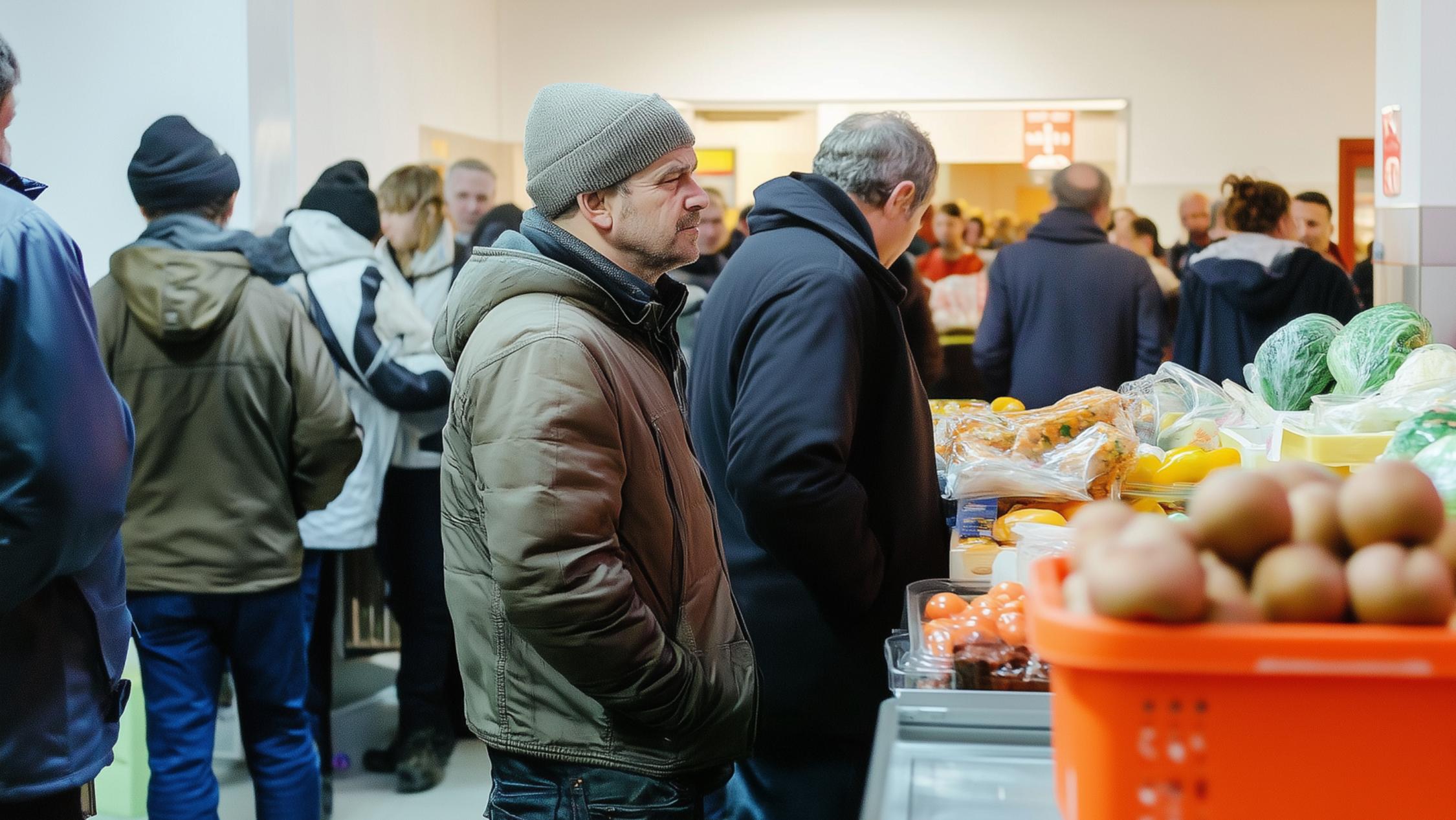 Ein Mann wartet vor einer Lebensmittelausgabe einer Tafel. Im Hintergrund sind noch andere Menschen zu sehen, die ebenfalls Hilfe erhalten.