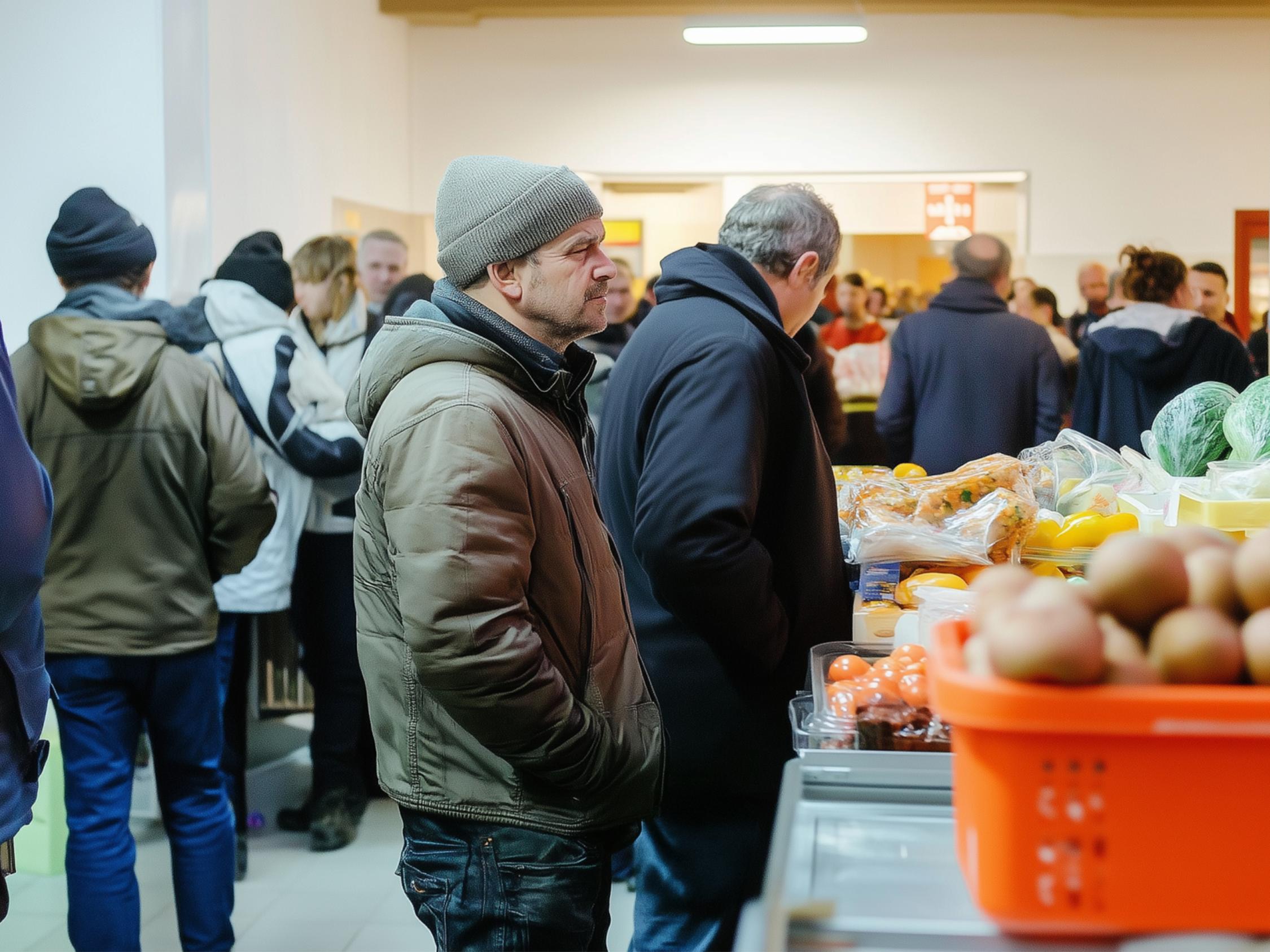 Ein Mann wartet vor einer Lebensmittelausgabe einer Tafel. Im Hintergrund sind noch andere Menschen zu sehen, die ebenfalls Hilfe erhalten.