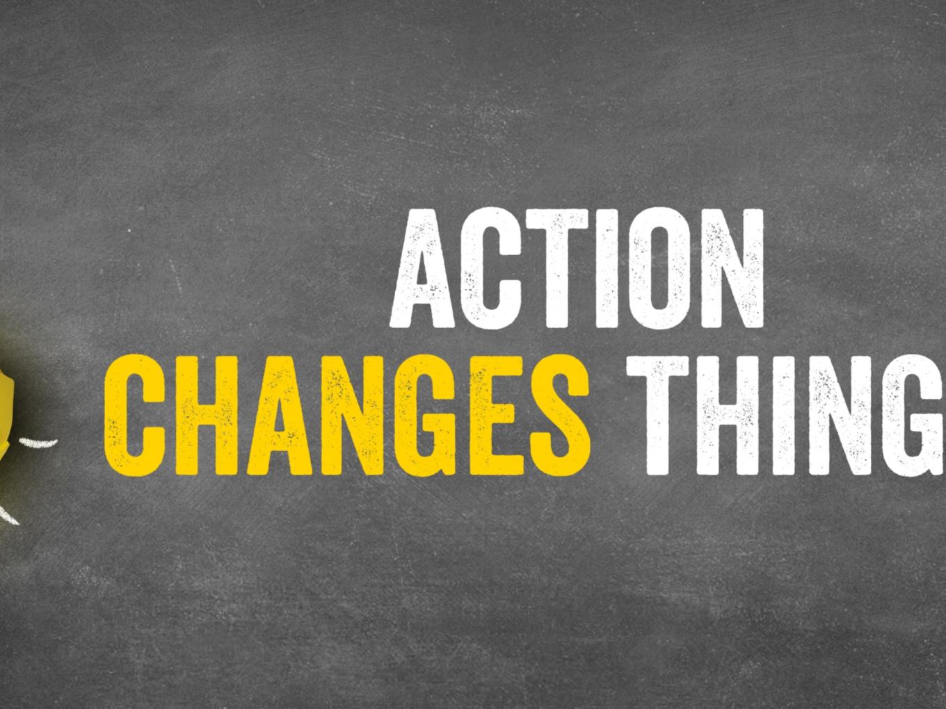 Illustration mit Glühbirne und Slogan: Action changes things