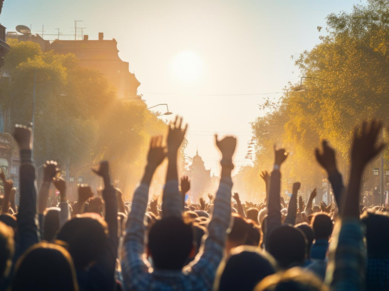 Blick auf eine Menschengruppe von Hinten gegen die Sonne. Die Menschen heben ihre Arme nach oben