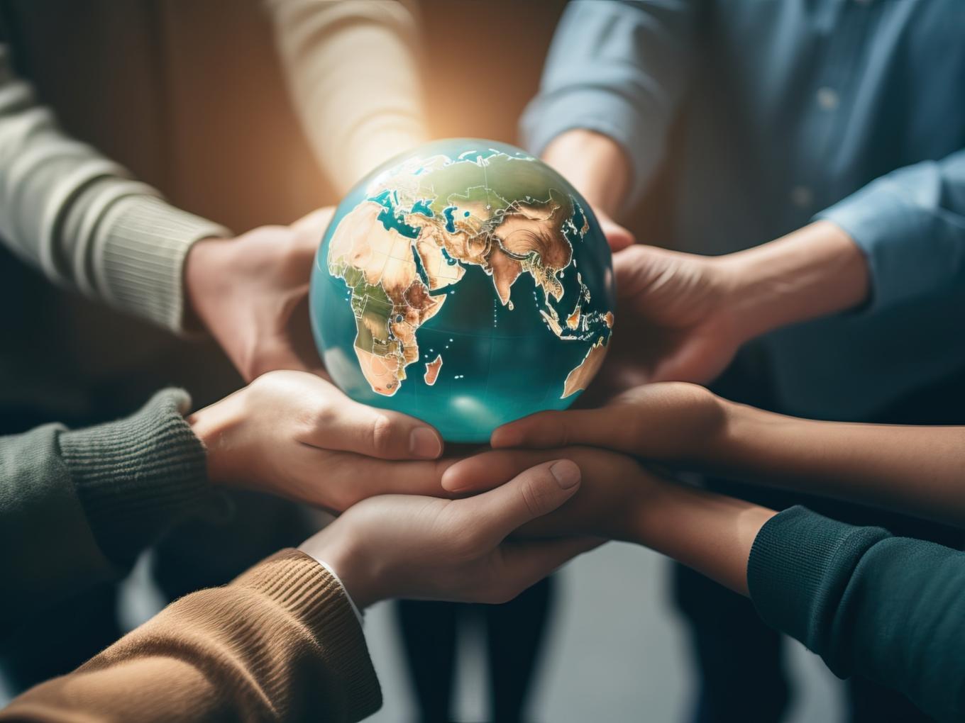 Eine kleine, leuchtende Weltkugel wird von mehreren Personen gemeinschaftlich mit Händen gehalten