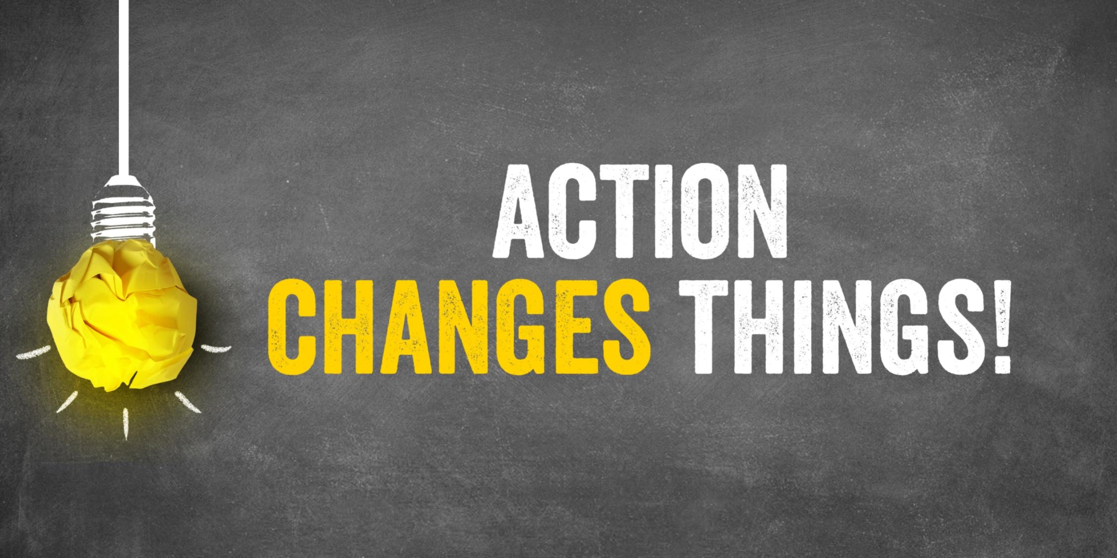 Illustration mit Glühbirne und Slogan: Action changes things