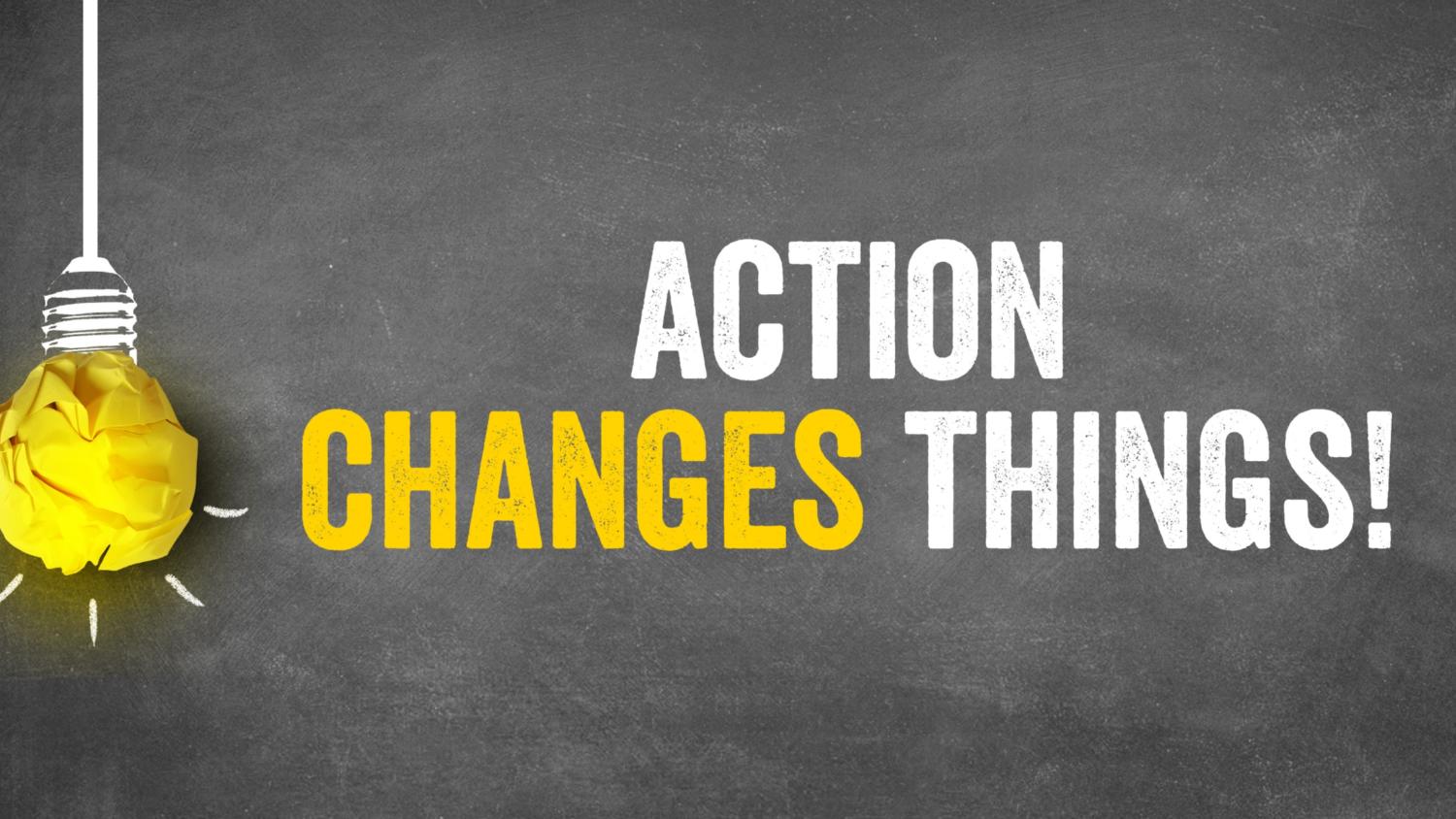 Illustration mit Glühbirne und Slogan: Action changes things