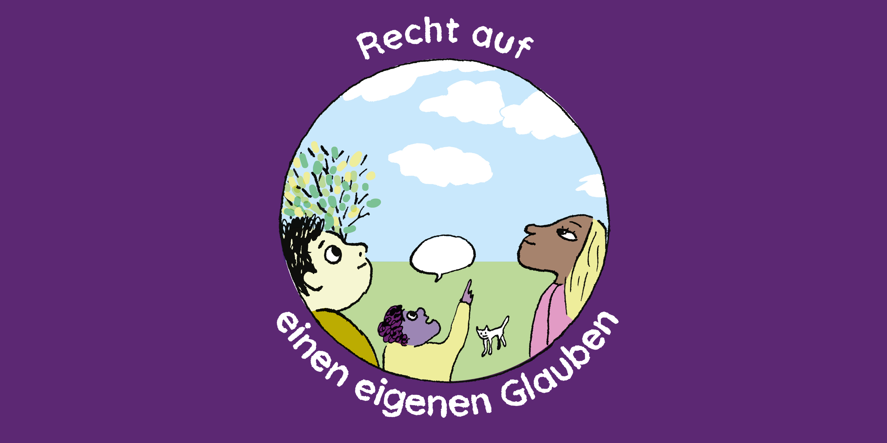Illustration: Eltern stehen mit ihrem Kind im Park und schauen nach oben in den Himmel, das Kind zeigt nach oben und spricht.