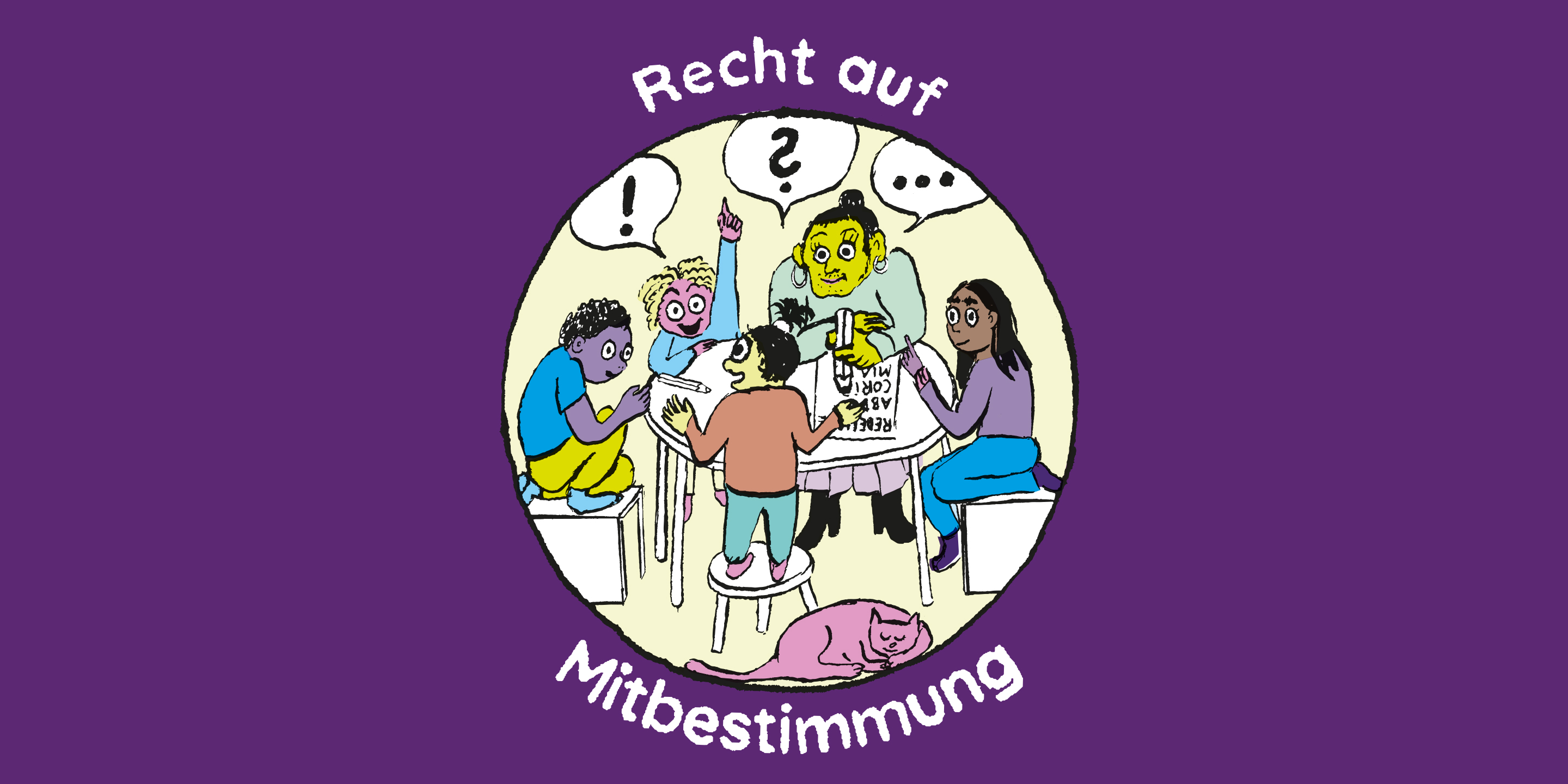 Illustration: Vier Kinder sitzen gemeinsam mit einer erwachsenen Person an einem Tisch und unterhalten sich.
