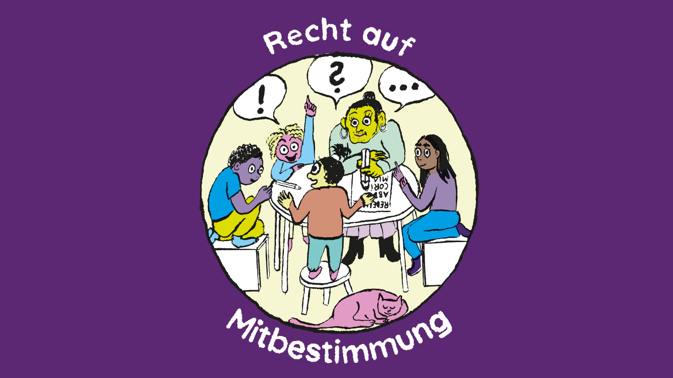 Illustration: Vier Kinder sitzen gemeinsam mit einer erwachsenen Person an einem Tisch und unterhalten sich.