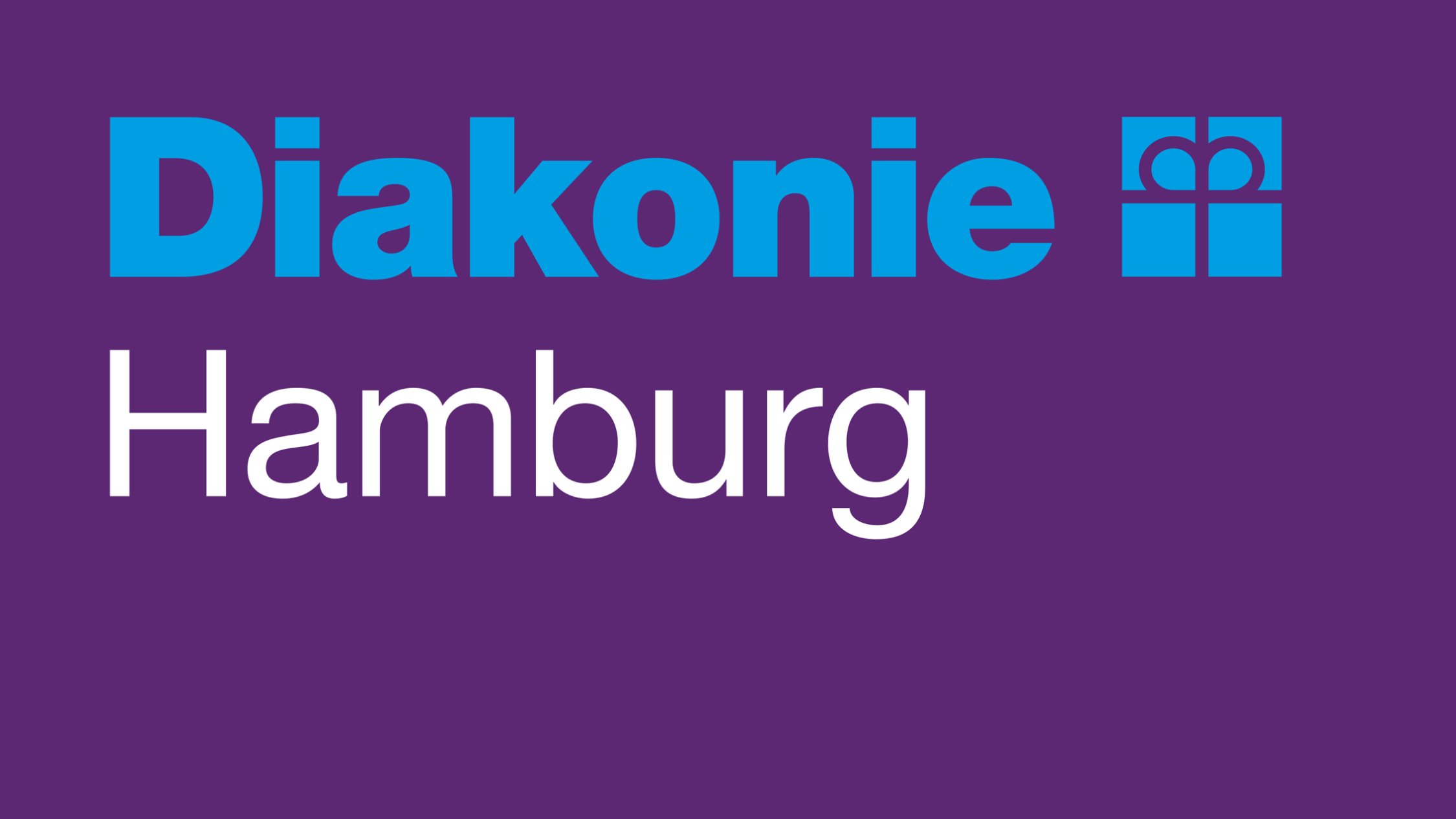 Auf lila Grund steht in blauer und weißer Schrift 'Diakonie Hamburg' neben dem Diakoniekreuz.