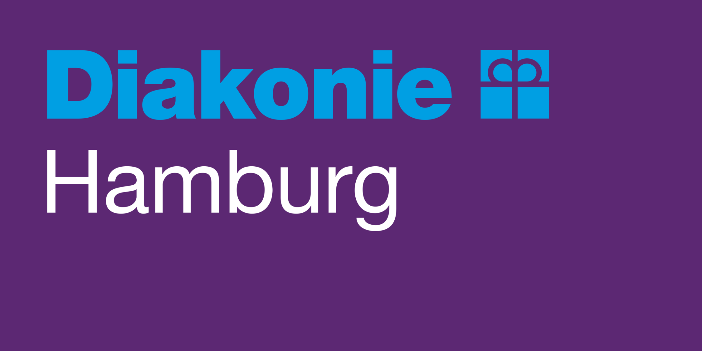Auf lila Grund steht in blauer und weißer Schrift 'Diakonie Hamburg' neben dem Diakoniekreuz.