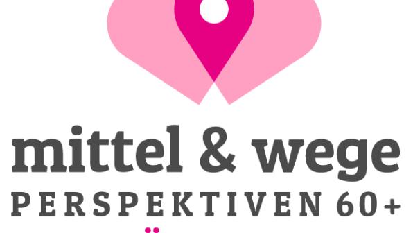 Zwei Herzen bilden einen rosafarbenen Ortsmarker. Darunter ist der Schriftzug „mittel & wege – Perspektiven 60+ – Findbüro Osdorf” zu sehen.