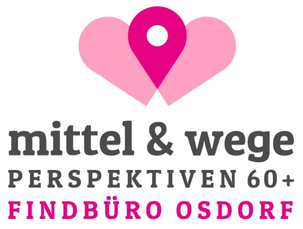 Zwei Herzen bilden einen rosafarbenen Ortsmarker. Darunter ist der Schriftzug „mittel & wege – Perspektiven 60+ – Findbüro Osdorf” zu sehen.
