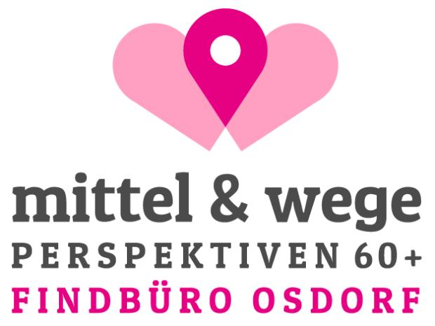 Zwei Herzen bilden einen rosafarbenen Ortsmarker. Darunter ist der Schriftzug „mittel & wege – Perspektiven 60+ – Findbüro Osdorf” zu sehen.