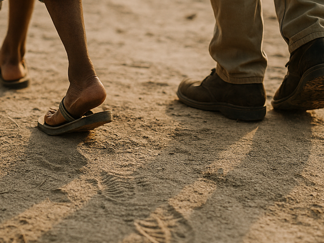 Nahaufnahme von zwei Personen, eine barfuß mit Sandalen, die andere mit festen Schuhen, die auf sandigem Boden gehen