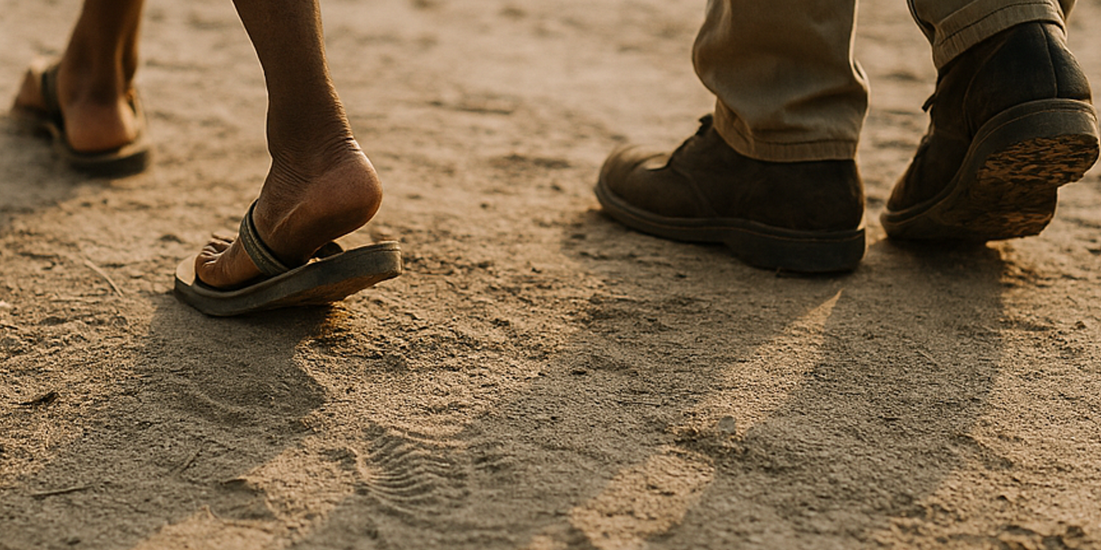 Nahaufnahme von zwei Personen, eine barfuß mit Sandalen, die andere mit festen Schuhen, die auf sandigem Boden gehen
