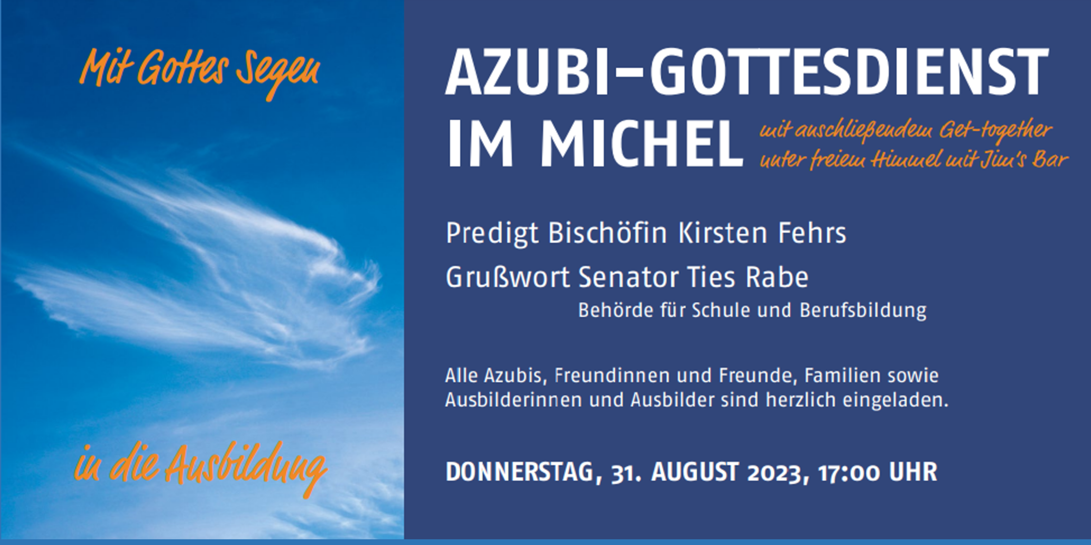 Ein blaues Werbeplakat für den Azubi-Gottesdienst im Michel 2023.