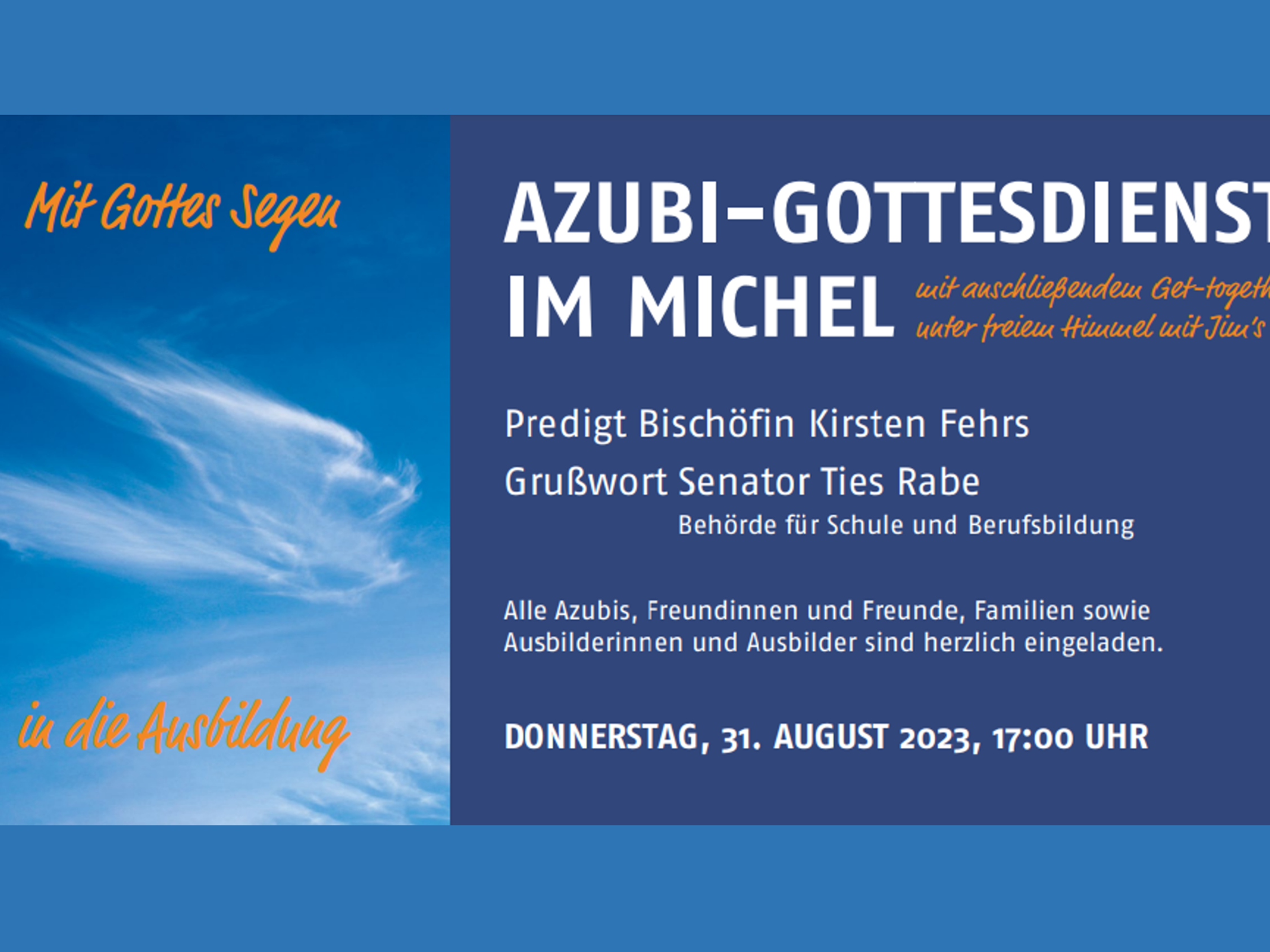 Ein blaues Werbeplakat für den Azubi-Gottesdienst im Michel 2023.