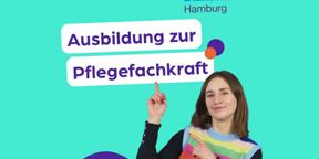 Im unteren Bild steht eine Frau, die über sich auf den Schriftzug 'Ausbildung zur Pflegefachkraft' zeigt.