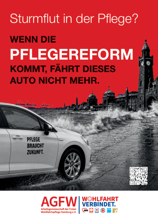 Ein Auto vor einer Sturmflut in Hamburg. Es wird auf die Auswirkungen des PNOG auf die Pflege aufmerksam gemacht