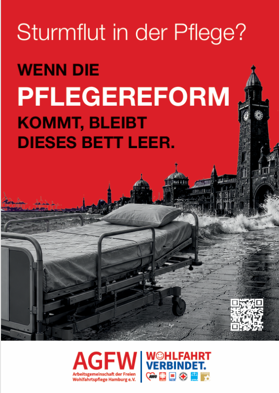 Ein Bett vor einer Sturmflut in Hamburg. Es wird auf die Auswirkungen des PNOG auf die Pflege aufmerksam gemacht
