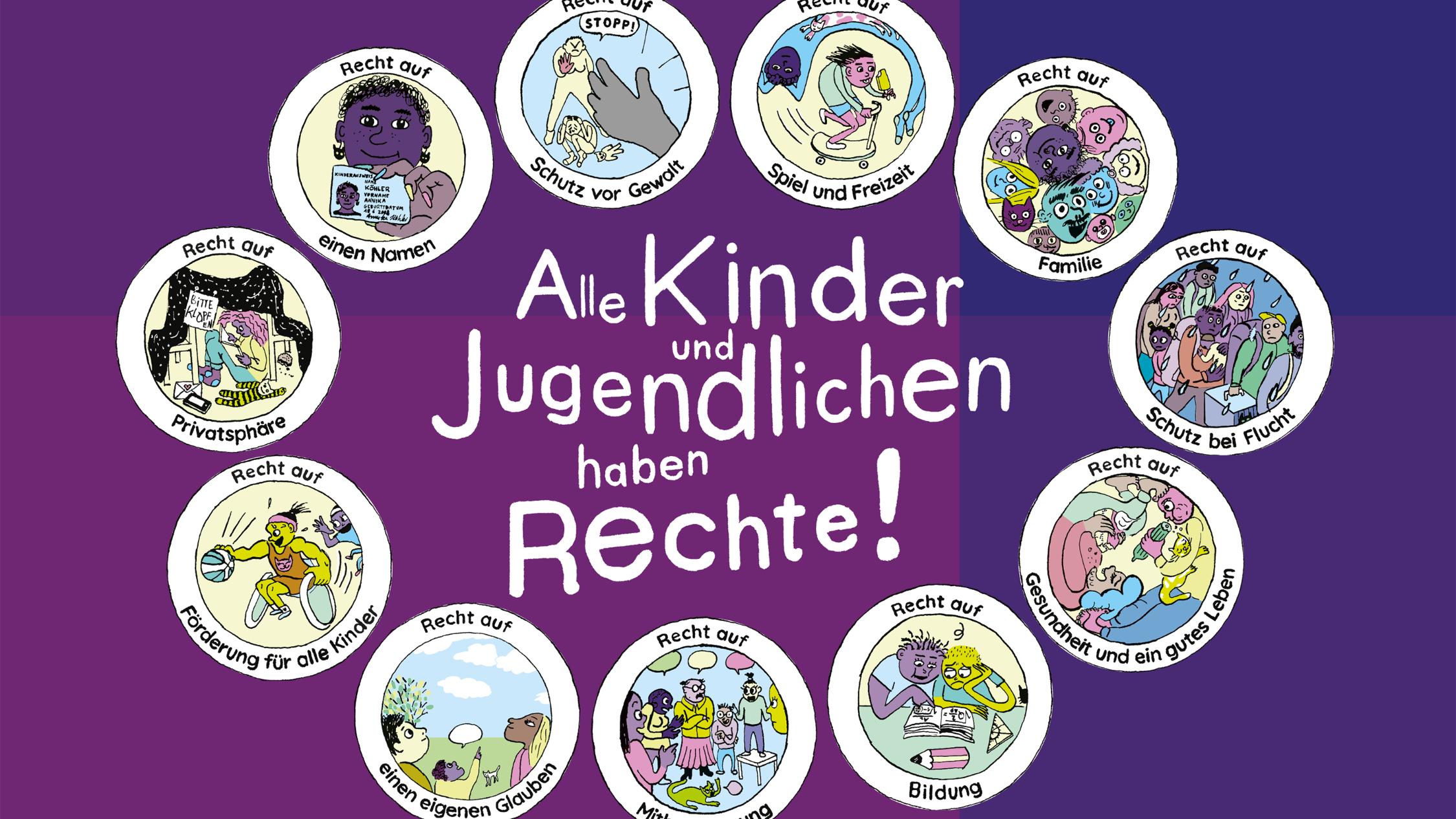 Die einzelnen Kinderrechte sind in Kreisen aufgelistet.