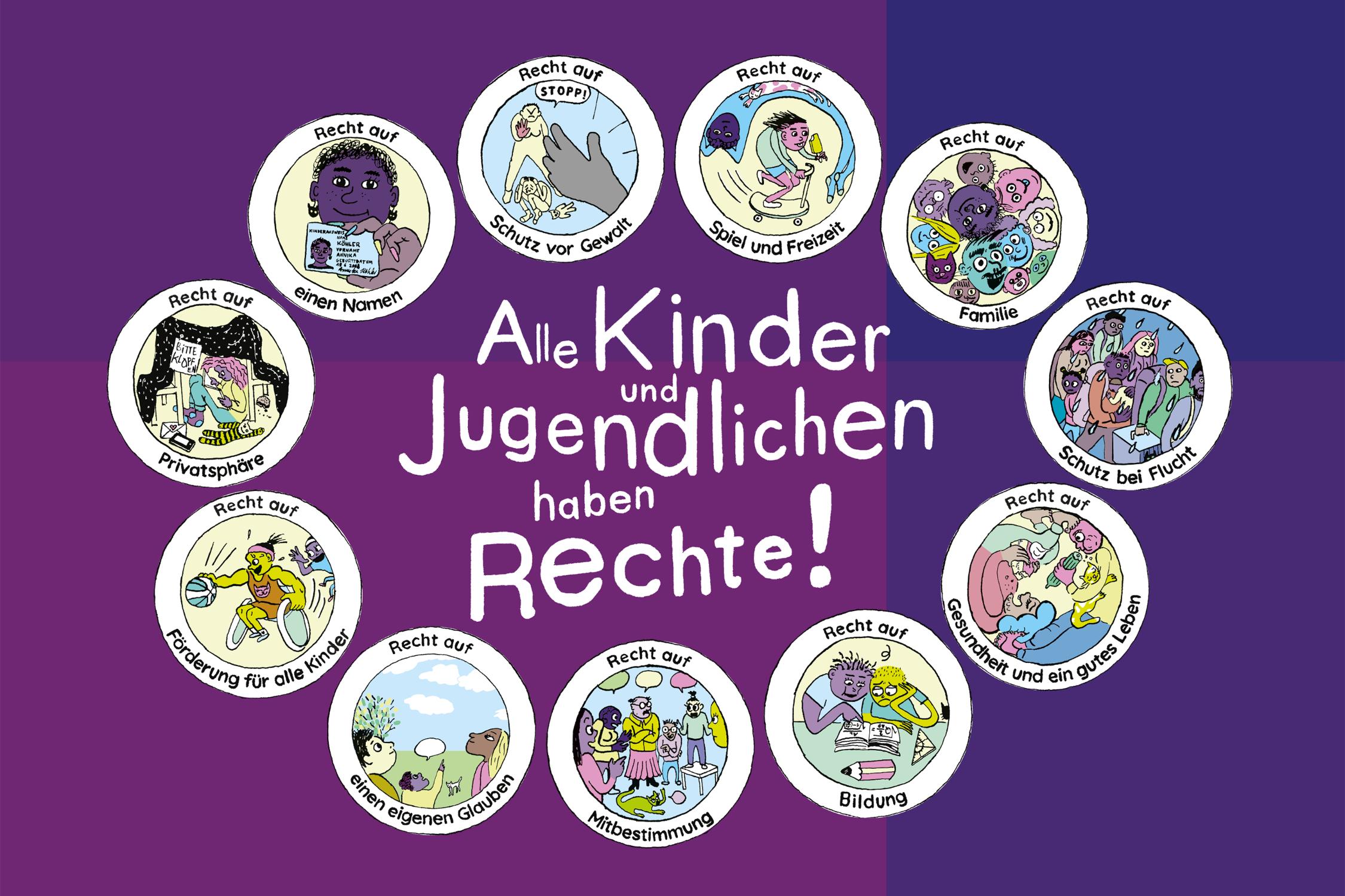 Die einzelnen Kinderrechte sind in Kreisen aufgelistet.
