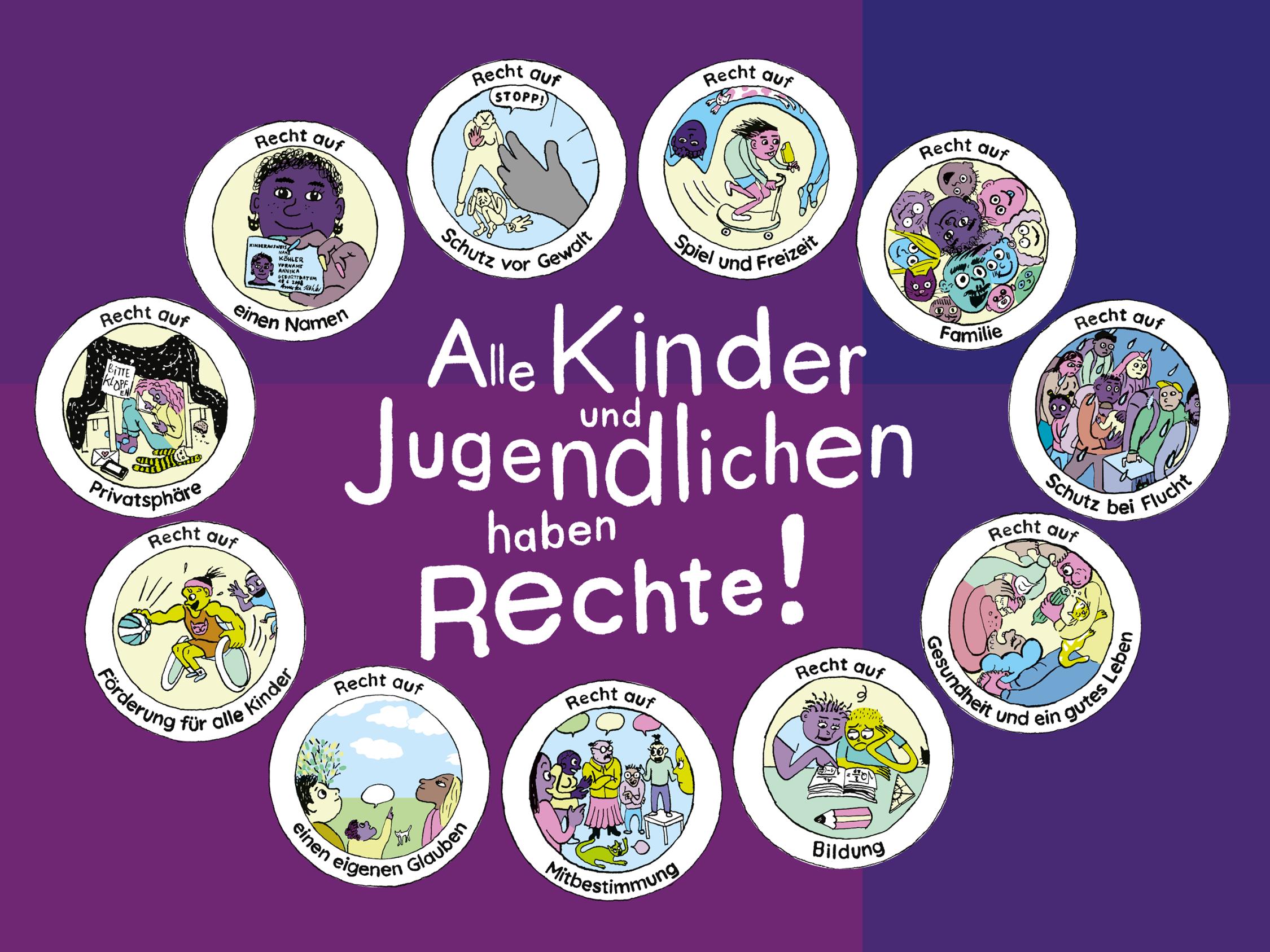 Die einzelnen Kinderrechte sind in Kreisen aufgelistet.