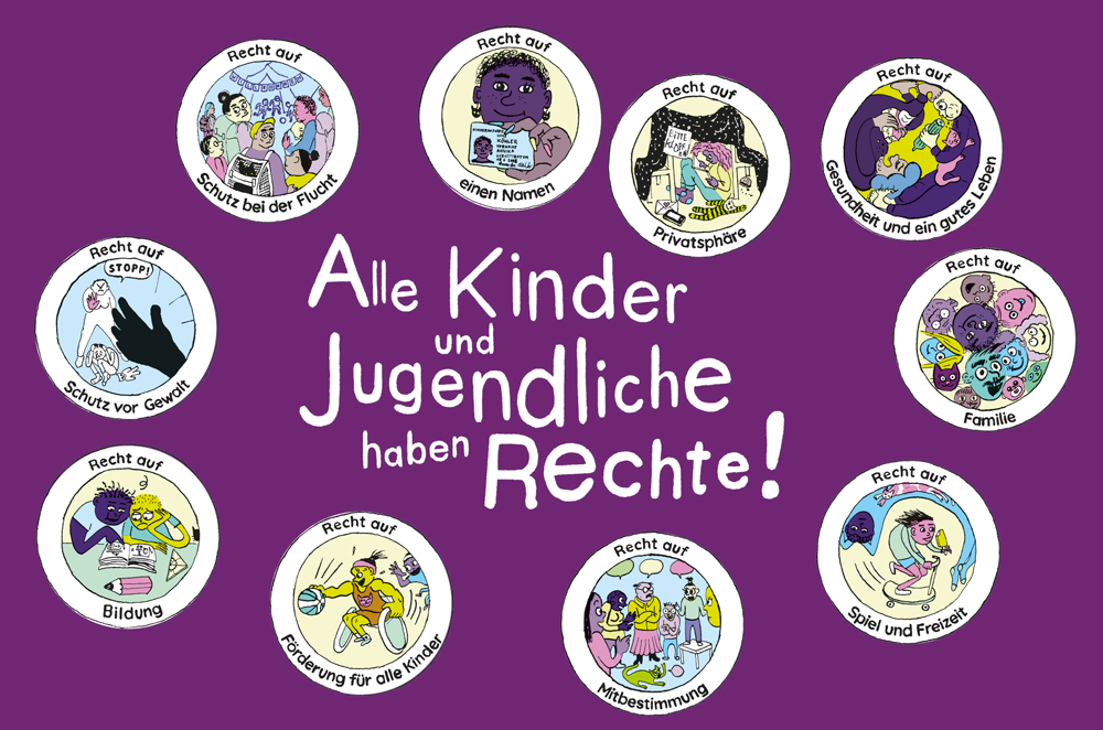 Die einzelnen Kinderrechte sind in Kreisen aufgelistet.