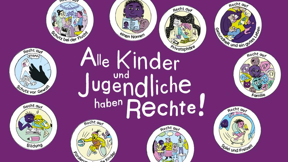 Die einzelnen Kinderrechte sind in Kreisen aufgelistet.