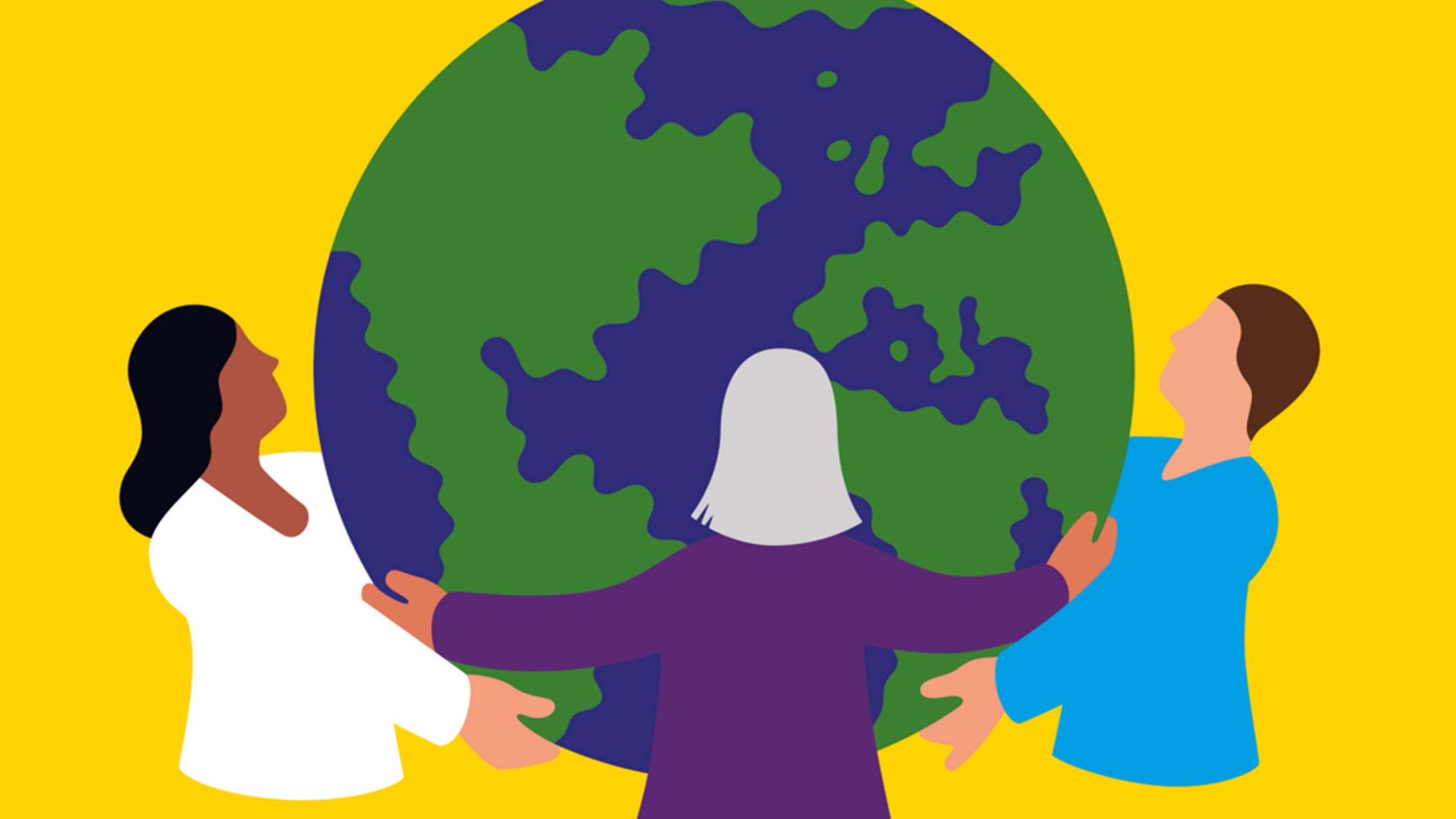 Illustration mit drei Menschen, die sich an den Händen halten und eine Weltkugel umfassen-