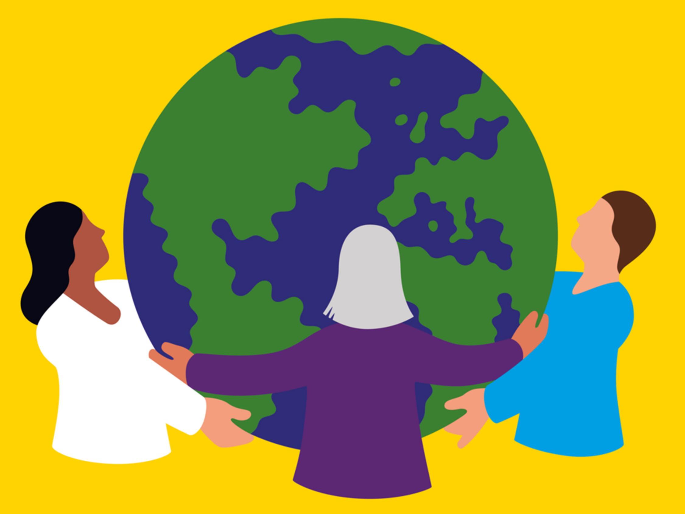 Illustration mit drei Menschen, die sich an den Händen halten und eine Weltkugel umfassen-