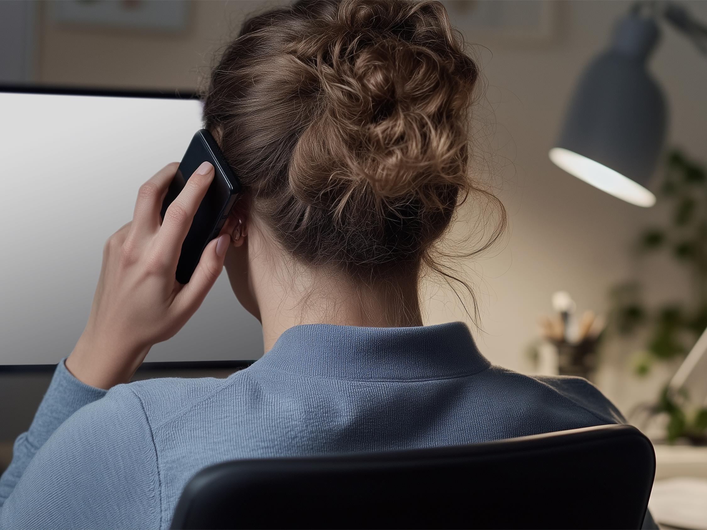 Zu sehen ist eine Frau mit hochgesteckten Haaren, die von hinten auf einem Stuhl vor einem PC sitzt und sich ein Handy ans Ohr hält.