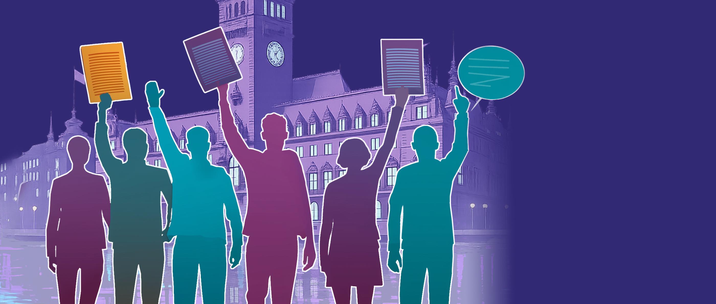 Vor dem Hamburger Rathaus halten Menschen Plakate hoch. Cartoon mit Silhouetten in Lila- und Cyan-Tönen.