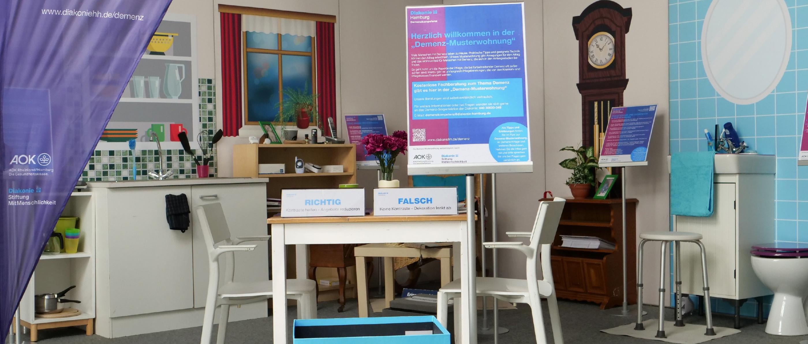 Die Innenansicht einer Wohnung. Alle Gegenstände sind beschriftet. Im Vordergrund ist eine lila-Diakonieflagge zu sehen.
