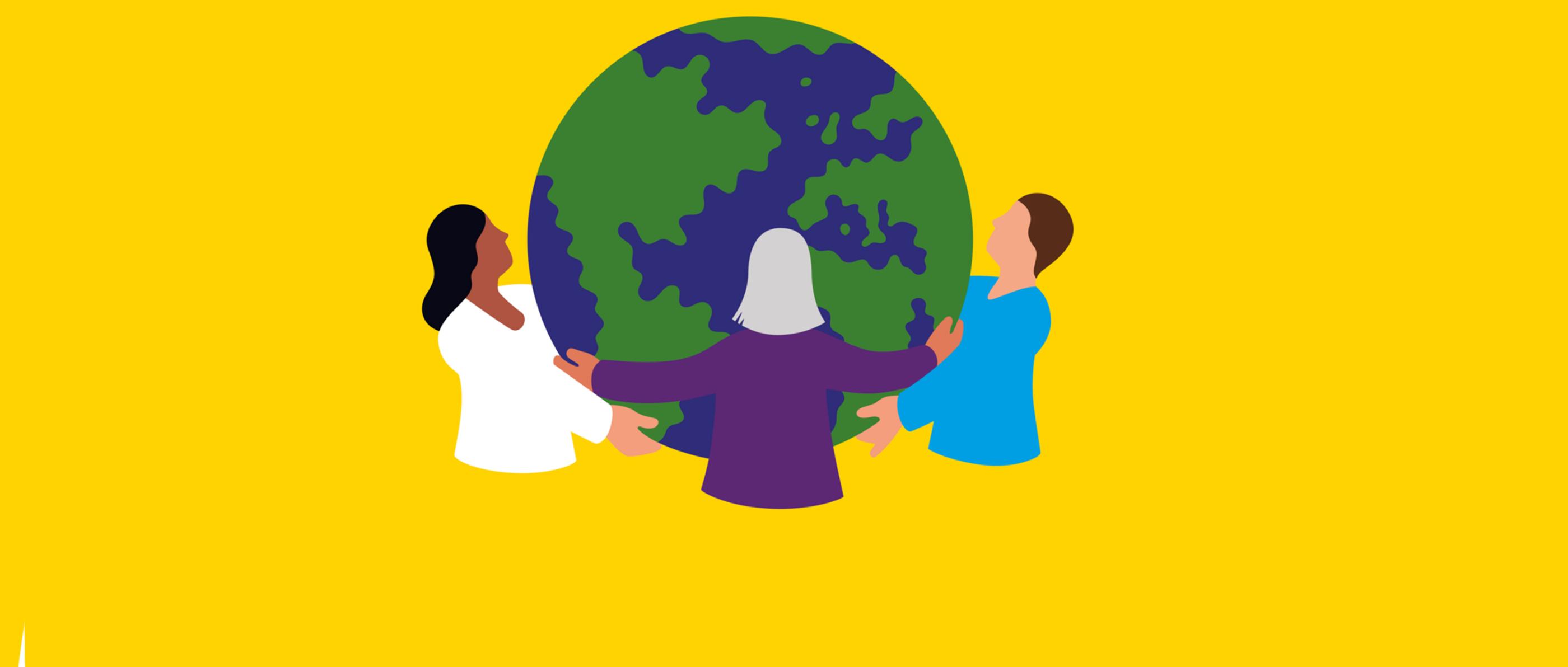 Illustration mit drei Menschen, die sich an den Händen halten und eine Weltkugel umfassen-