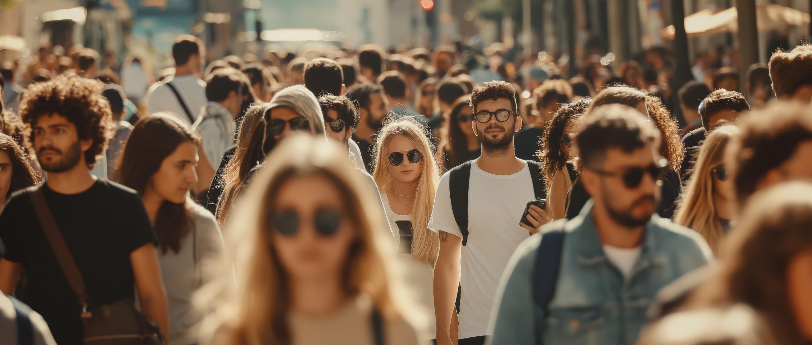 Viele Menschen unterschiedlichsten Aussehens laufen in einer Fußgängerzone.