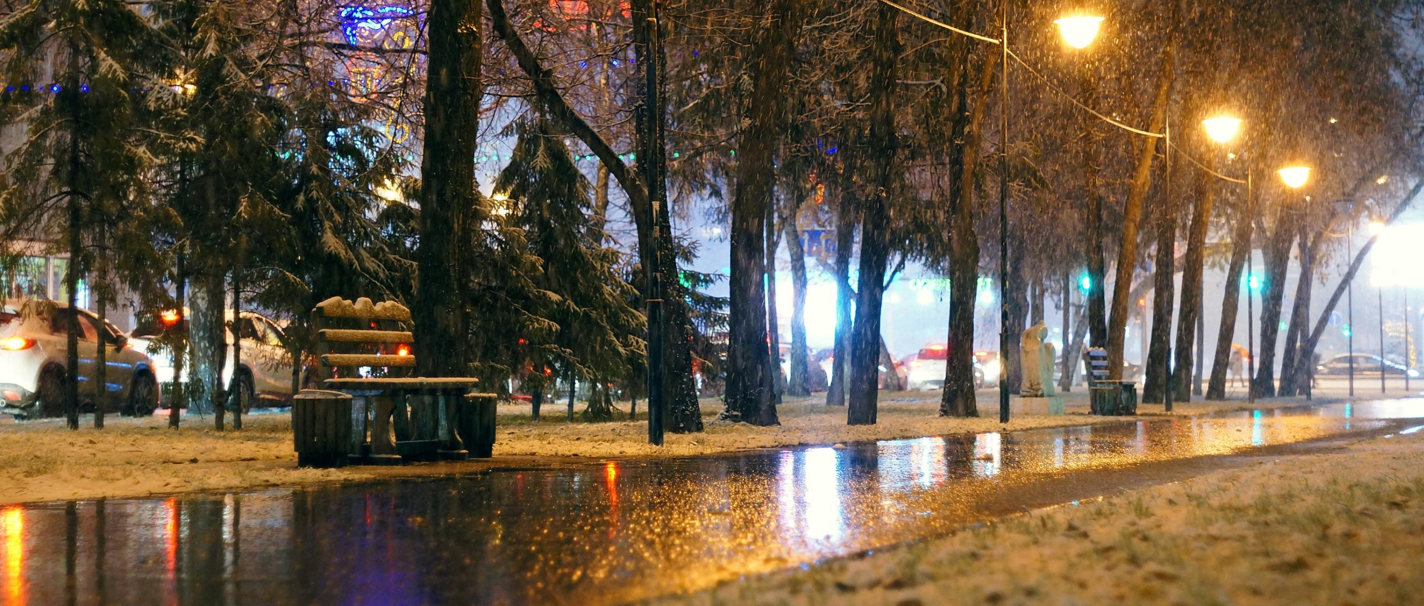 Eine Parkstraße bei Nacht, auf der es stark regnet.