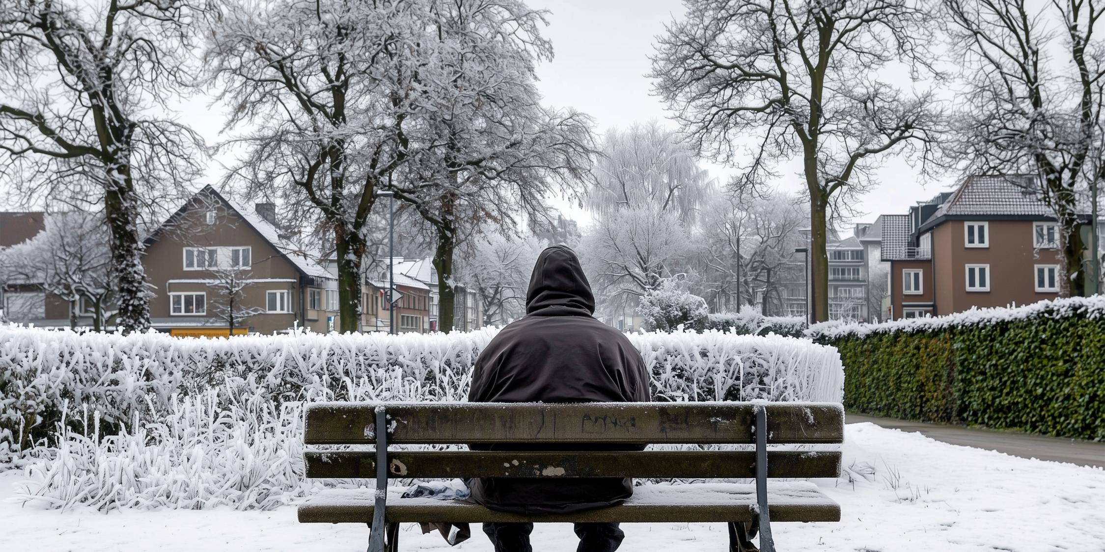 Ein Mann mit Kapuze auf dem Kopf sitzt auf einer Parkbank in einem verschneiten Park.